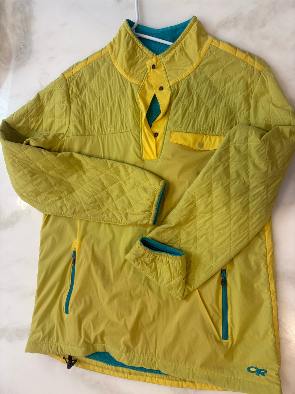 Outdoor Research PirmaLoft Yellow Pullover Jacket with Teal Trim